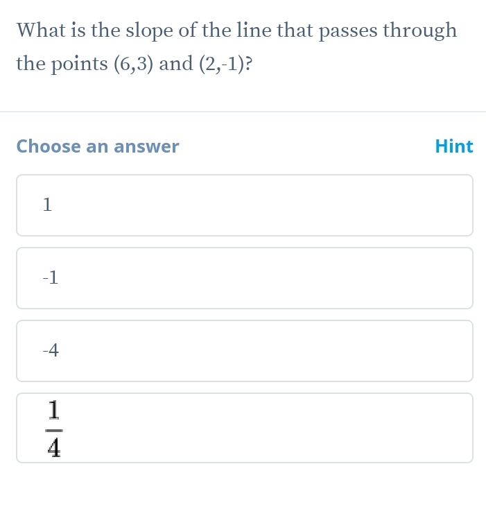 What is the slope of the line that passes through
the points (6,3) and (2,-1) ?
Choose an answer Hint
1
-1
-4
 1/4 