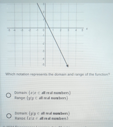 nts the domain and range of the function?
Doma in:  x|x∈ all real numbers
Range:  y|y∈ all real nuncbers
Doma in:  y|y∈ all real nunbers
Rande:  x|x∈ all real nunbers