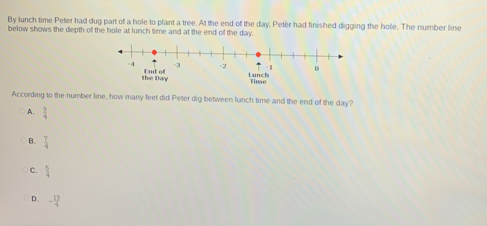 By lunch time Peter had dug part of a hole to plant a tree. At the end of the day, Peter had finished digging the hole. The number line
below shows the depth of the hole at lunch time and at the end of the day.
the Day Lunch
Time
According to the number line, how many feet did Peter dig between lunch time and the end of the day?
A.  9/4 
B.  7/4 
c.  5/4 
D. - 19/4 