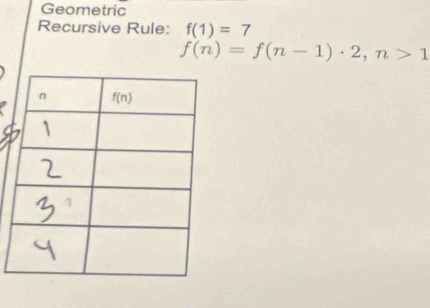 Geometric
Recursive Rule: f(1)=7
f(n)=f(n-1)· 2,n>1