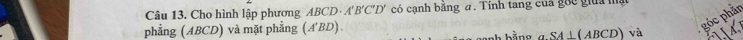 Cho hình lập phương ABCD· A'B'C'D' có cạnh bằng a. Tính tang của gốc giữa mạ 
phẳng (ABCD) và mặt phẳng (A'BD). ch h ằng a SA⊥ (ABCD và 
góc phẳn