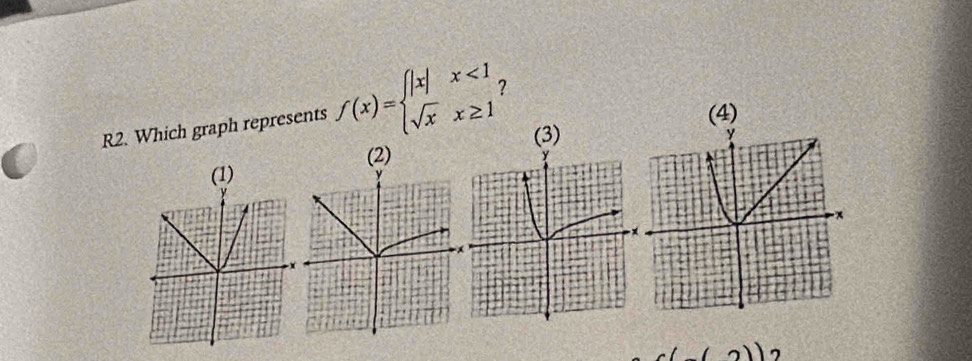 (4) 
R2. Which graph represents f(x)=beginarrayl |x|x<1 sqrt(x)x≥ 1endarray. ? 
(3) 
(2) 
(1) 
7