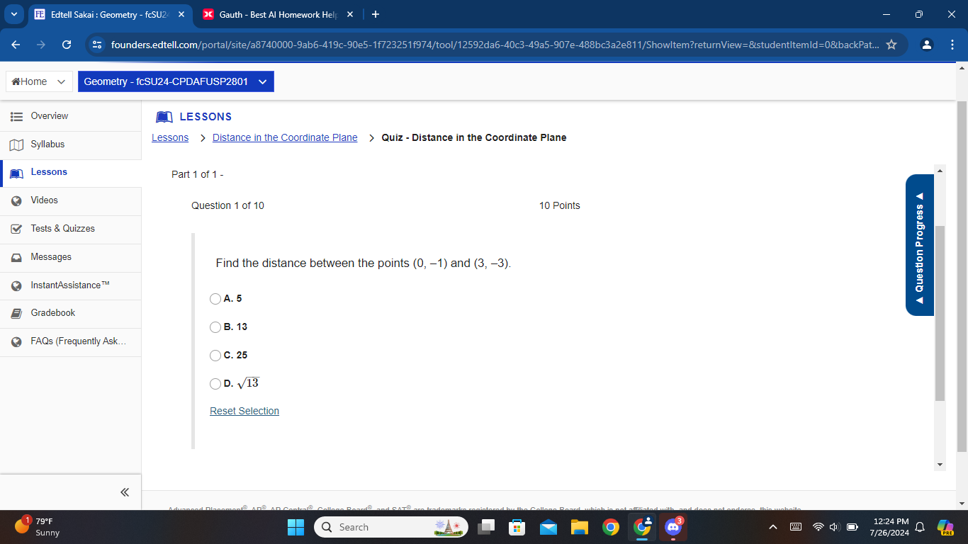Solved: Edtell Sakai : Geometry - fcSU2 Gauth - Best Al Homework Help X  founders.edtell.com/portal [Math]