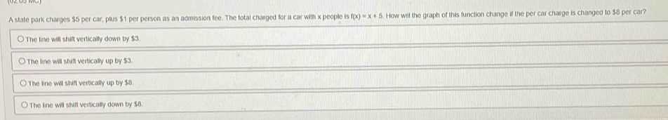 A state park charges $5 per car, plus $1 per person as an admission fee. The total charged for a car with x people is f(x)=x+5. How will the graph of this function change if the per car charge is changed to $8 per car?
C The line will shift vertically down by $3.
The line will shift vertically up by $3.
The line will shift vertically up by $8.
○ The line will shift vertically down by $B.