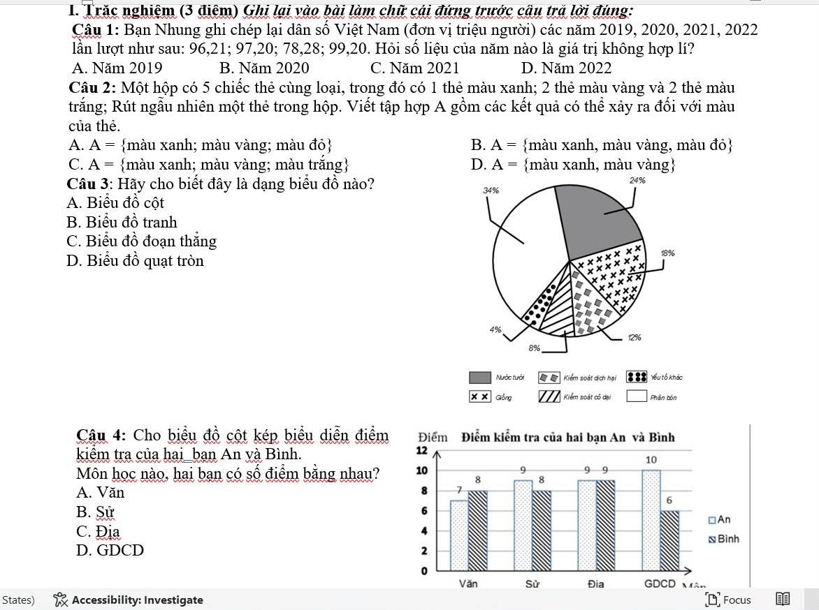 Trắc nghiệm (3 điệm) Ghi lại vào bài làm chữ cái đứng trước cầu trã lời đùng:
Câu 1: Bạn Nhung ghi chép lại dân số Việt Nam (đơn vị triệu người) các năm 2019, 2020, 2021, 2022
lần lượt như sau: 96, 21; 97, 20; 78, 28; 99, 20. Hỏi số liệu của năm nào là giá trị không hợp lí?
A. Năm 2019 B. Năm 2020 C. Năm 2021 D. Năm 2022
Câu 2: Một hộp có 5 chiếc thẻ cùng loại, trong đó có 1 thẻ màu xanh; 2 thẻ màu vàng và 2 thẻ màu
trăng; Rút ngẫu nhiên một thẻ trong hộp. Viết tập hợp A gồm các kết quả có thể xảy ra đổi với màu
của thẻ.
A. A= màu xanh; màu vàng; màu đỏ B. A= màu xanh, màu vàng, màu đỏ
C. A= màu xanh; màu vàng; màu trắng D. A= màu xanh, màu vàng
Câu 3: Hãy cho biết đây là dạng biểu đồ nào?
A. Biểu đồ cột
B. Biểu đồ tranh
C. Biểu đồ đoạn thắng
D. Biểu đồ quạt tròn
Nước tưới Kiểm soát dịch hại Yếu tố khác
× × Gống Kiểm soát có dại Phân bốn
Câu 4: Cho biểu đồ cột kép biểu diễn điểm
kiểm tra của hai_bạn An và Bình.
Môn học nào, hai bạn có số điểm bằng nhau?
A. Văn
B. Sử
C. Địa
D. GDCD 
States) Accessibility: Investigate Focus