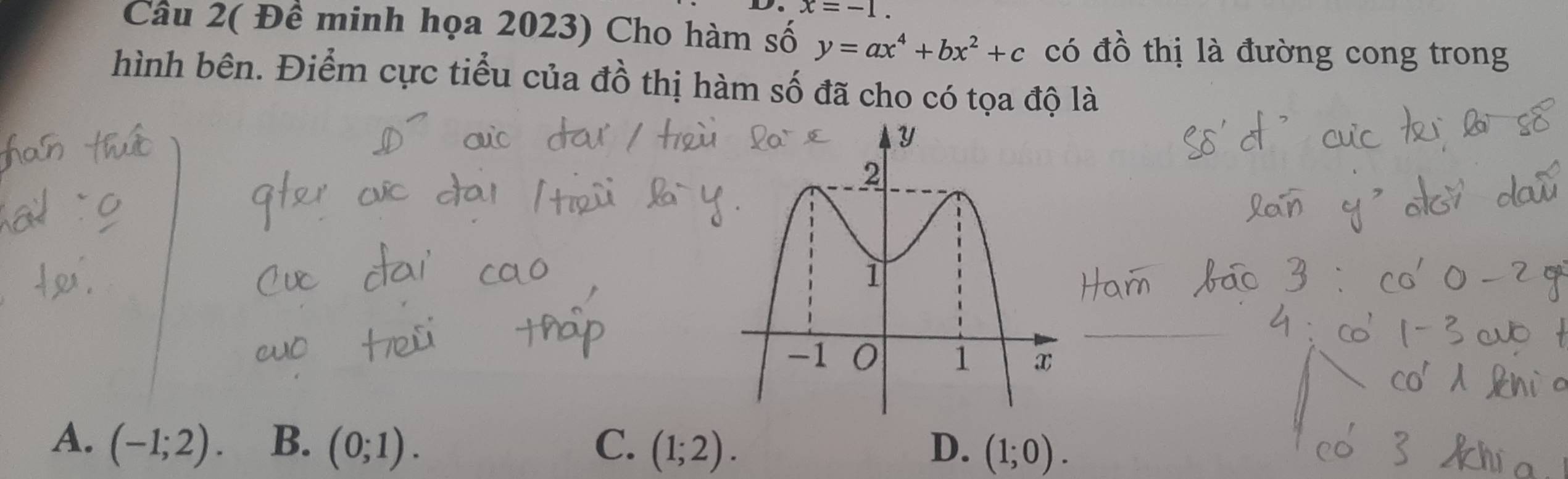 x=-1. 
Câu 2( Đề minh họa 2023) Cho hàm số y=ax^4+bx^2+c có đồ thị là đường cong trong
hình bên. Điểm cực tiểu của đồ thị hàm số đã cho có tọa độ là
A. (-1;2). B. (0;1). C. (1;2). D. (1;0).