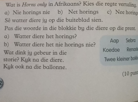 Solved: Wat is Horns only in Afrikaans? Kies die regte vertaling. a ...