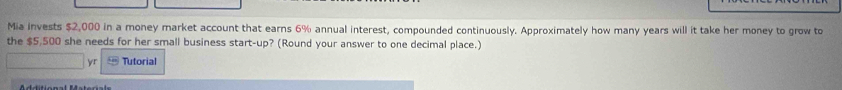 Mia invests $2,000 in a money market account that earns 6% annual interest, compounded continuously. Approximately how many years will it take her money to grow to 
the $5,500 she needs for her small business start-up? (Round your answer to one decimal place.) 
yr Tutorial