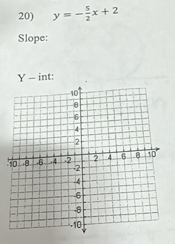 y=- 5/2 x+2
Slope: 
J Y - int: