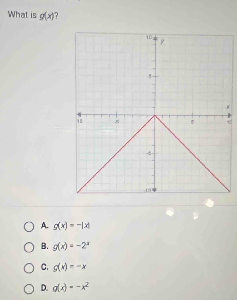 What is g(x) ?
x
10
A. g(x)=-|x|
B. g(x)=-2^x
C. g(x)=-x
D. g(x)=-x^2