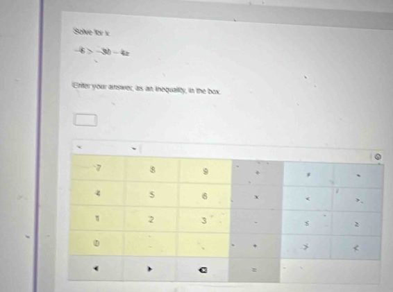 Salve fbir i
-6>-3b-4x
Enter your answer, as an inequalty, in the box.