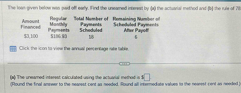 The loan given below was paid off early. Find the unearned interest by ...