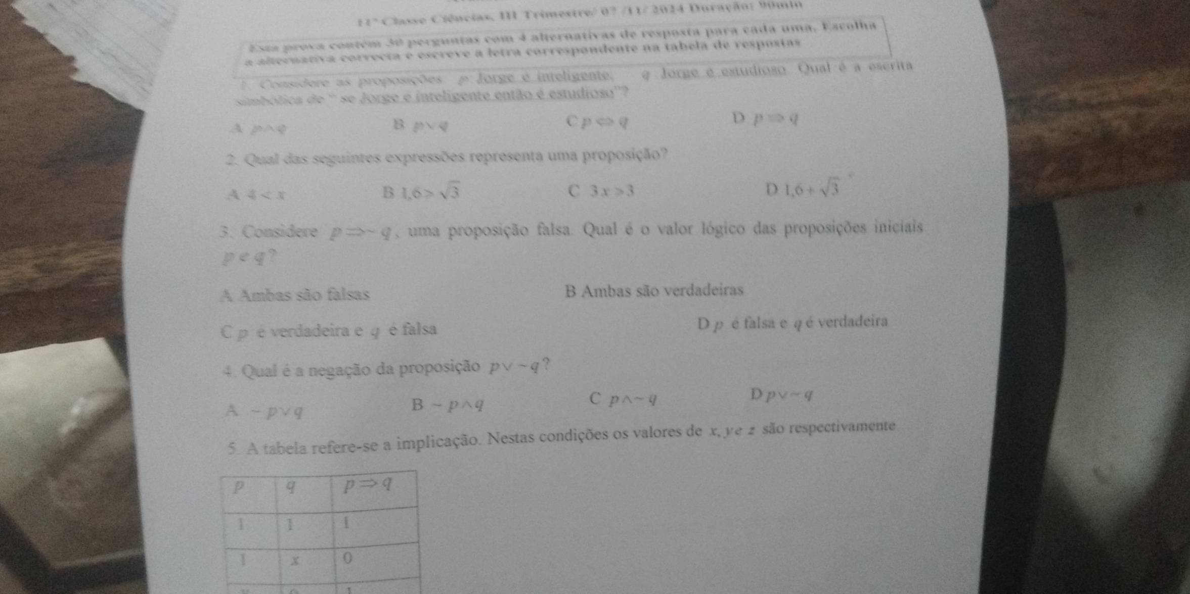 11ª Classe Ciências, III Trimestre/ 07 /11/ 2024 Duração: 90min
Esta prova contém 30 perguntas com 4 alternativas de resposta para cada uma, Escolha
a alternativa correcía e escreve a letra correspondente na tabela de respostas
1 Considere as proposições 50° Jorge é inteligente, é Jorge é estudioso Qual é a escrita
simbólica de ' se Jorge é inteligente então é estudioso''?
B
A prq pvee q
C pLeftrightarrow q
D pRightarrow q
2. Qual das seguintes expressões representa uma proposição?
A 4
B 1,6>sqrt(3)
C 3x>3
D 1,6+sqrt(3)
3. Considere pRightarrow sim q , uma proposição falsa. Qual é o valor lógico das proposições iniciais
p
A Ambas são falsas B Ambas são verdadeiras
C p é verdadeira e q é falsa D p é falsa e q é verdadeira
4. Qual é a negação da proposição pvee sim q ?
C pwedge sim q
D pvee sim q
A sim pvee q
Bsim pwedge q
5. A tabela refere-se a implicação. Nestas condições os valores de x, ye 2 são respectivamente