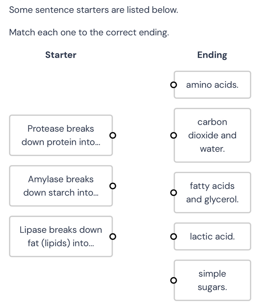 Solved: Some sentence starters are listed below. Match each one to the ...