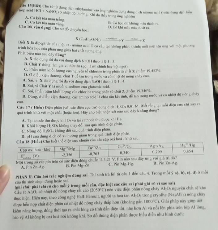 cău 15(Biết) Cho từ từ dung dịch ethylamine vào ống nghiệm dựng dung dịch nitrous acid (hoặc dung dịch hỗn
hợp acid HCl+NaNO_2) ở nhiệt độ thường. Khi đô thấy trong ống nghiệm
A. Có kết tủa mâu trắng.
C. Có kết tủa màu vàng. B. Có bọt khí không màu thoát ra.
Câu 16( vận dụng) Cho sơ đồ chuyển hóa: D. Có khi màu nâu thoát ra
X(C_10H_16O_1N_2) + NaOH d Y_ +1116 Z
Biết X là đipeptide của một α - amino acid T có cầu tạo không phân nhánh; mỗi mũi tên ứng với một phương
trình hóa học của phân ứng giữa hai chất tương ứng.
Phát biểu nào sau đây đúng?
A. X tác dụng tối đa với dung dịch NaOH theo ti lệ 1:3.
B. Chất Y dùng làm gia vị thức ăn (gọi là mì chính hay bột ngọt).
C. Phần trăm khổi lượng của nguyên tổ chlorine trong phân tử chất Z chiếm 19,452%.
D. Ở điều kiện thường, chất T đễ tan trong nước và có nhiệt độ nóng chây cao,
A. Sai, vì X tác dụng tối đa với dung dịch NaOH theo tỉ lệ 1:4,
B. Sai, vì Chất Y là muối disodium của glutamic acid.
C. Sai, Phần trăm khổi lượng của chlorine trong phân tử chất Z chiếm 19,346%.
D. Đúng, ở điều kiện thường, các amino acid là chất rần kết tỉnh, dễ tan trong nước và có nhiệt độ nóng chây
cao.
Câu 17 ( Hiểu) Điện phân (với các điện cực trơ) dung dịch H_2SO_40.01M.  Biết rằng tại mỗi điện cực chi xây ra
quá trình khử với một chất (hoặc ion). Hãy cho biết nhận xét nào sau đây không đùng?
A. Tại anode thu được khí O_2 và tại cathode thu được khí H₂.
B. Khối lượng H_2SO 4 không thay đổi sau quá trình điện phân.
C. Nồng độ H_2SO a không đổi sau quá trình điện phân.
D. pH của dung dịch có xu hướng giám trong quả trình điện phân.
t thể điện cực chuẩn của các cập oxi hoá - khứ sau:
Một trong số các pin trên có sức điện đ D. Pin ∠ n-A_1.
A. Pin ∠ n-A
B. Pin Mg-Zn C. Pin Mg-Hg
PHÀN II. Câu hội trắc nghiệm đúng sai. Thí sinh trả lời từ câu 1 đến câu 4. Trong mỗi ý a), b), c), đ) ở mỗi
câu thí sinh chọn đúng hoặc sai.
(ghi chú: phải chỉ rõ cho mỗi ý trong mỗi câu, đặc biệt các câu sai phải ghi rõ vì sao sai)
Câu 1: Al_2O_3 có nhiệt độ nóng chảy rắt cao (2050°C) nên việc điện phân nóng chây Al_2O_3 nguyên chất sẽ khó
thực hiện. Hiện nay, theo công nghệ Hall-Héroult, người ta hoả tan Al_2O_3 trong cryolite (NasAIF) nóng chây
được hỗn hợp chất điện phân có nhiệt độ nóng chảy thấp hơn (khoàng gần 1000°C). Giải pháp này giúp tiết
kiệm năng lượng, đồng thời tạo ra chất lóng có tính dẫn điện tốt, nhẹ hơn Al và nổi lên phía trên lớp Al lóng.
bào vệ Al không bị oxi hoá bởi không khí. Sơ đồ thùng điện phân được biểu diễn như hình dưới: