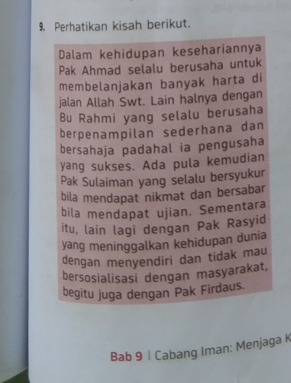 Perhatikan kisah berikut. 
Dalam kehidupan kesehariannya 
Pak Ahmad selalu berusaha untuk 
membelanjakan banyak harta di 
jalan Allah Swt. Lain halnya dengan 
Bu Rahmi yang selalu berusaha 
berpenampilan sederhana dan 
bersahaja padahal ia pengusaha 
yang sukses. Ada pula kemudian 
Pak Sulaiman yang selalu bersyukur 
bila mendapat nikmat dan bersabar 
bila mendapat ujian. Sementara 
itu, lain lagi dengan Pak Rasyid 
yang meninggalkan kehidupan dunia 
dengan menyendiri dan tidak mau 
bersosialisasi dengan masyarakat, 
begitu juga dengan Pak Firdaus. 
Bab 9 | Cabang Iman: Menjaga K