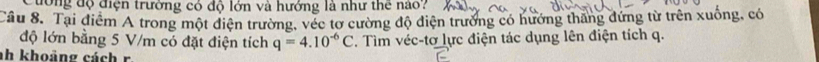 Cường độ điện trường có độ lớn và hướng là như thể nao? 
Cầu 8. Tại điểm A trong một điện trường, véc tơ cường độ điện trưởng có hướng thăng đứng từ trên xuống, có 
độ lớn bằng 5 V/m có đặt điện tích q=4.10^(-6)C T. Tìm véc-tơ lực điện tác dụng lên điện tích q. 
h khoảng cách r.