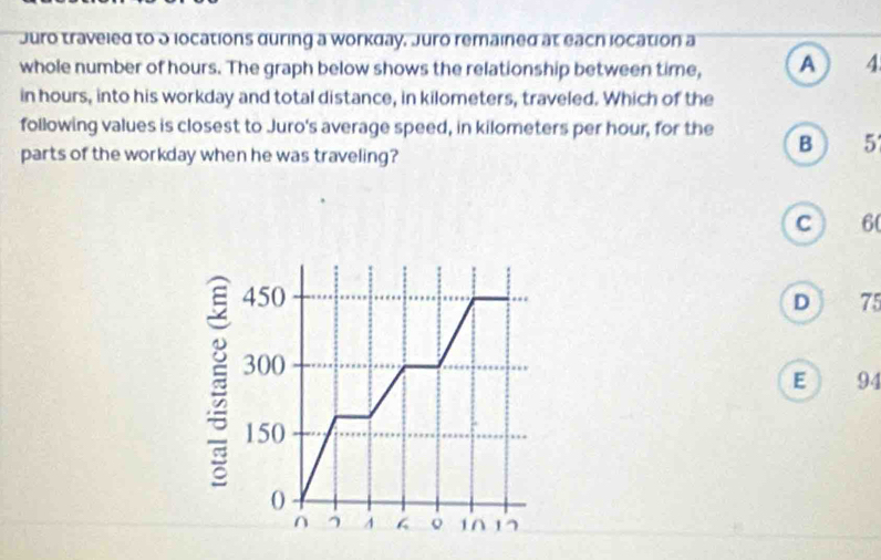 Juro traveled to 5 locations during a workday, Juro remained at each location a
whole number of hours. The graph below shows the relationship between time, A 4
in hours, into his workday and total distance, in kilometers, traveled. Which of the
following values is closest to Juro's average speed, in kilometers per hour, for the B
parts of the workday when he was traveling? ) 5
C 6
450 D 75
300
E 94
150
0
∩ 4 o 10 17