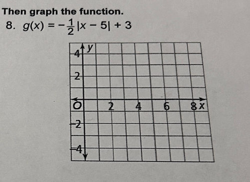 Then graph the function. 
8. g(x)=- 1/2 |x-5|+3