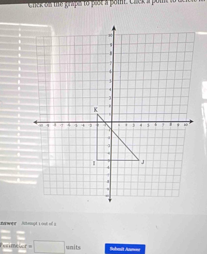 Chick on the graph to plot a point. Clck a poi to te 
. 
. 
. 
. 
B 
. 
. 
。 
. 

. 
. 
nswer Attempt 1 out of 2 
Perimeler =□ units Submit Answer