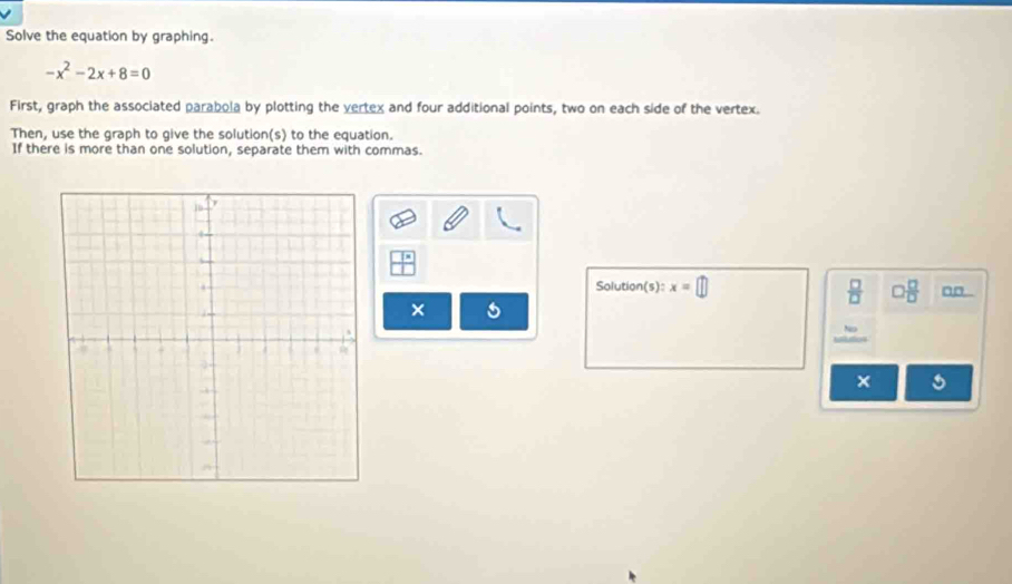 Solve the equation by graphing.
-x^2-2x+8=0
First, graph the associated parabola by plotting the vertex and four additional points, two on each side of the vertex. 
Then, use the graph to give the solution(s) to the equation. 
If there is more than one solution, separate them with commas. 
Solution(s): x=□  □ /□   □  □ /□  
× 
× 5