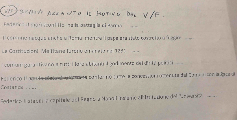 Federico II morí sconfitto nella battaglia di Parma 
ll comune nacque anche a Roma mentre il papa era stato costretto a fuggire_ 
Le Costituzioni Melfitane furono emanate nel 1231..... 
l comuni garantivano a tutti i loro abitanti il godimento dei diritti politici ...... 
Federico II co n la confermò tutte le concessioni ottenute dai Comuni con la Pace di 
Costanza _.. 
Federico II stabili la capitale del Regno a Napoli insieme all’istituzione dell'Università_