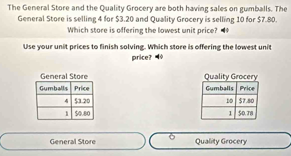 The General Store and the Quality Grocery are both having sales on gumballs. The
General Store is selling 4 for $3.20 and Quality Grocery is selling 10 for $7.80.
Which store is offering the lowest unit price?
Use your unit prices to finish solving. Which store is offering the lowest unit
price?

General Store Quality Grocery