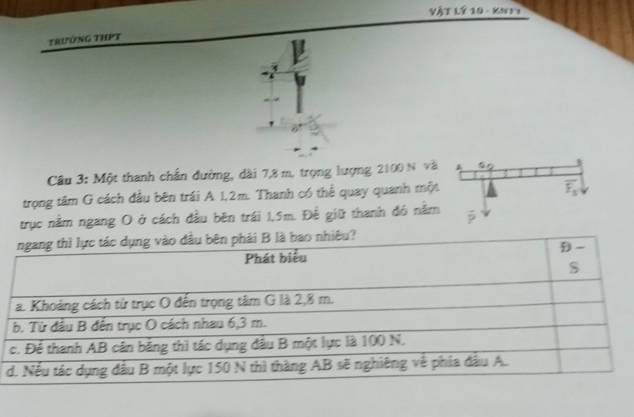 vật lý 10-KN
trường tHPt
6
Câu 3: Một thanh chấn đường, dài 7,8 m, trọng lượng 2100 N và
trọng tâm G cách đầu bên trái A 1,2m. Thanh có thể quay quanh mộ
trục nằm ngang O ở cách đầu bên trái 1,5m. Để giữ thanh đó năm
d