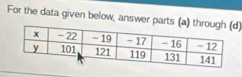 For the data given below, answer parts (a) t)