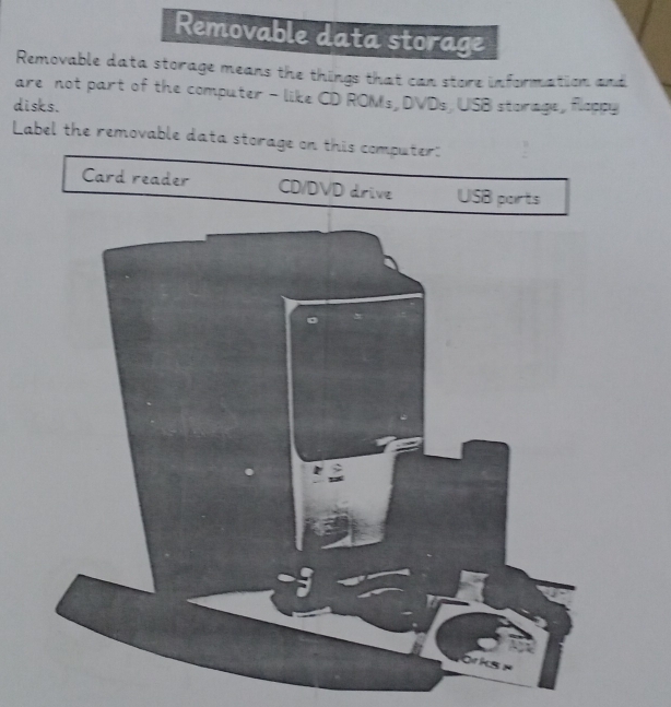 Removable data storage 
Removable data storage means the things that can store information and 
are not part of the computer - like CD ROMs, DVDs, USB storage, floppy 
disks. 
Label the removable data storage on this computer"