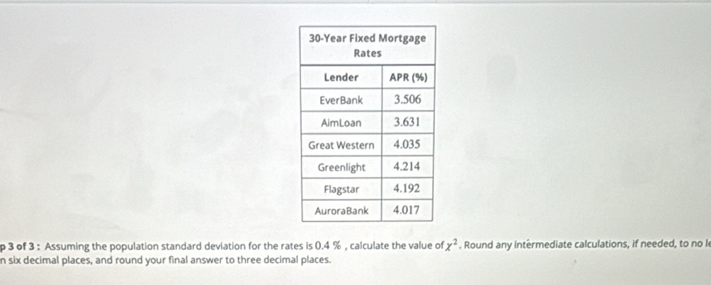 of 3 : Assuming the population standard deviation for the rates is 0.4 % , calculate the value of x^2. Round any intermediate calculations, if needed, to no l 
n six decimal places, and round your final answer to three decimal places.