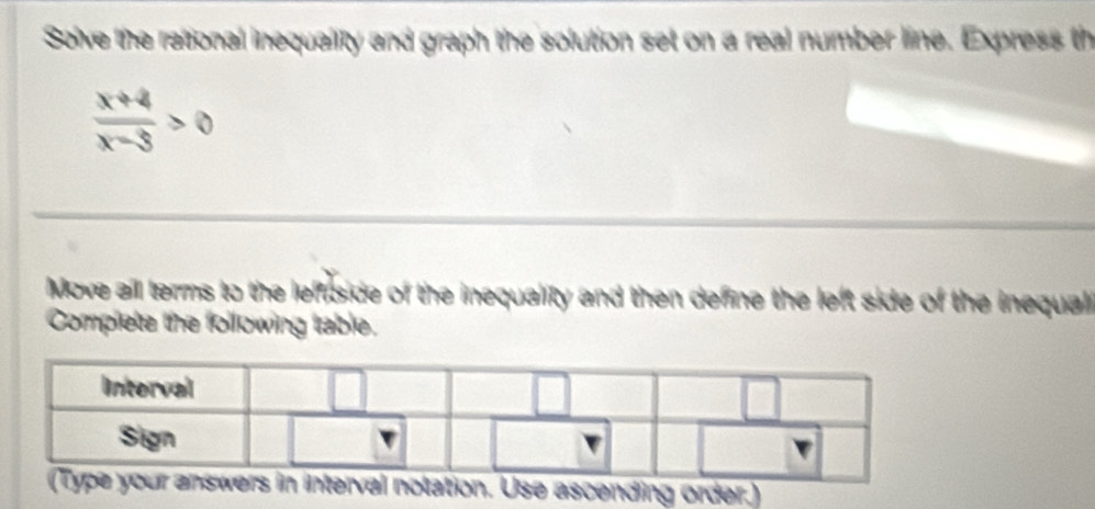 Solve the rational inequality and graph the solution set on a real number line. Express th
 (x+4)/x-3 >0
Move all terms to the leffside of the inequality and then define the left side of the inequal 
Complete the following table. 
al notation. Use ascending order.)