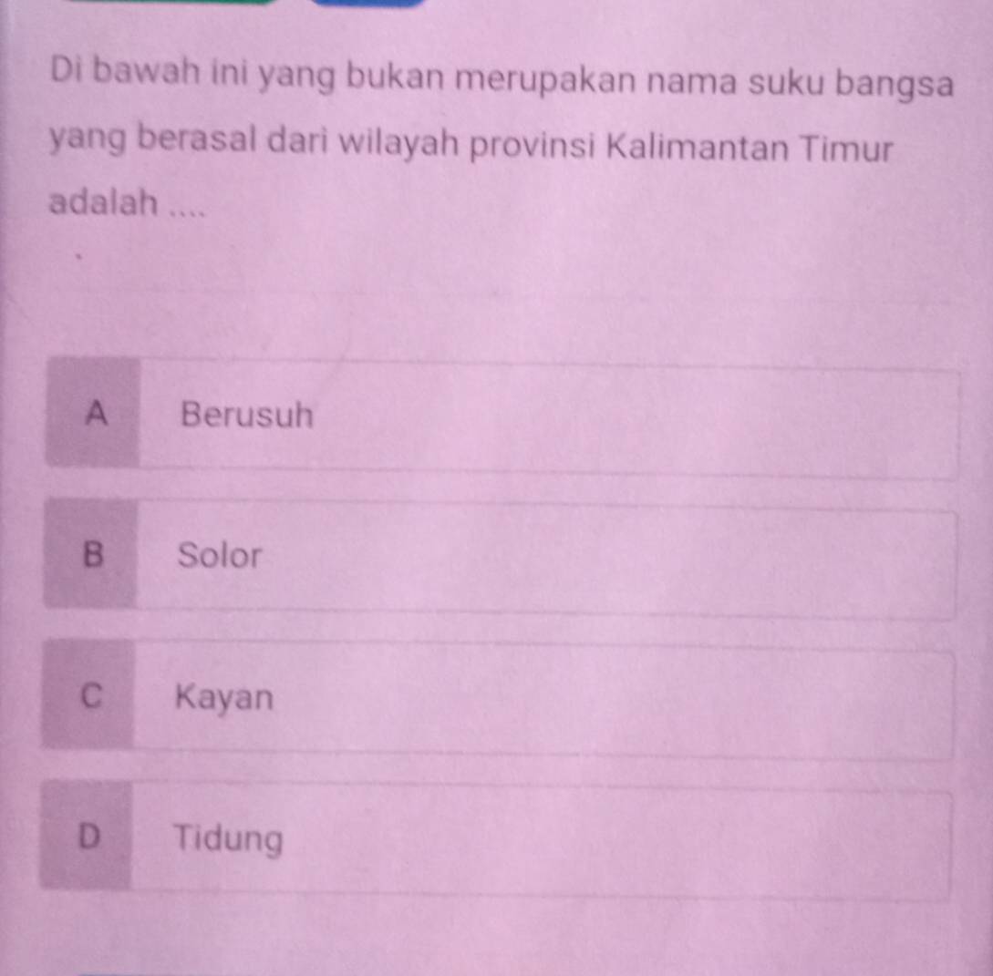 Di bawah ini yang bukan merupakan nama suku bangsa
yang berasal dari wilayah provinsi Kalimantan Timur
adalah ....
A Berusuh
B Solor
C Kayan
D Tidung