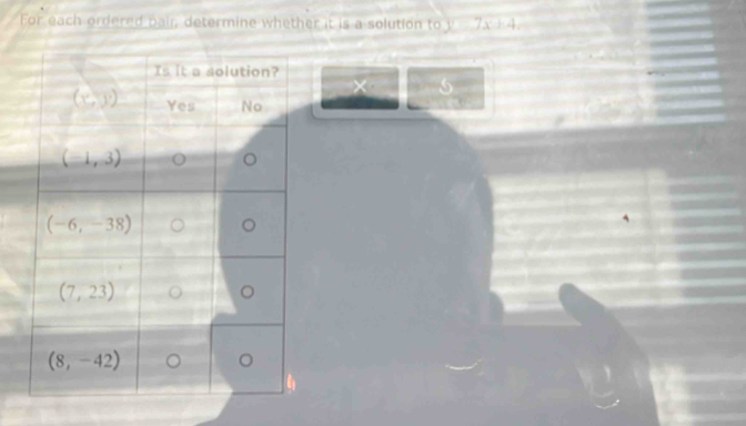 For each ordered pair, determine whether it is a solution to J 7x+4
5