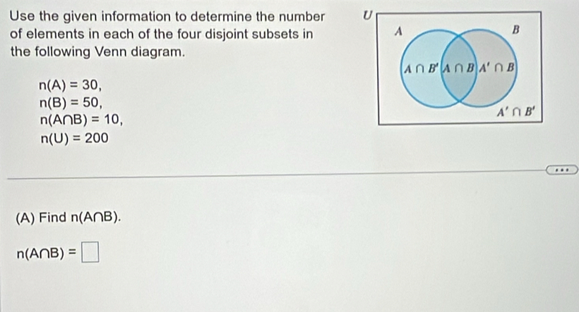 Use the given information to determine the number 
of elements in each of the four disjoint subsets in
the following Venn diagram.
n(A)=30,
n(B)=50,
n(A∩ B)=10,
n(U)=200
(A) Find n(A∩ B).
n(A∩ B)=□