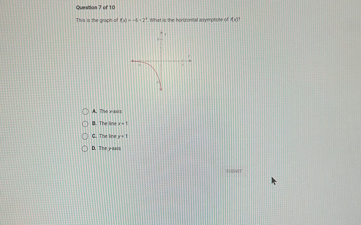 This is the graph of f(x)=-6· 2^x. What is the horizontal asymptote of f(x) ?
A. The x-axis
B. The line x=1
C. The line y=1
D. The yaxis
SUBMIT