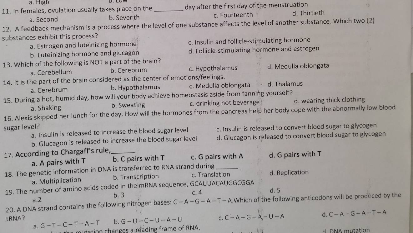 a. High
11. In females, ovulation usually takes place on the _day after the first day of the menstruation
a. Second b. Seventh c. Fourteenth
d. Thirtieth
12. A feedback mechanism is a process where the level of one substance affects the level of another substance. Which two (2)
substances exhibit this process?
a. Estrogen and luteinizing hormone c. Insulin and follicle-stimulating hormone
b. Luteinizing hormone and glucagon d. Follicle-stimulating hormone and estrogen
13. Which of the following is NOT a part of the brain?
a. Cerebellum b. Cerebrum c. Hypothalamus d. Medulla oblongata
14. It is the part of the brain considered as the center of emotions/feelings.
a. Cerebrum b. Hypothalamus c. Medulla oblongata d. Thalamus
15. During a hot, humid day, how will your body achieve homeostasis aside from fanning yourself?
a. Shaking b. Sweating c. drinking hot beverage d. wearing thick clothing
16. Alexis skipped her lunch for the day. How will the hormones from the pancreas help her body cope with the abnormally low blood
sugar level?
a. Insulin is released to increase the blood sugar level c. Insulin is released to convert blood sugar to glycogen
b. Glucagon is released to increase the blood sugar level d. Glucagon is released to convert blood sugar to glycogen
17. According to Chargaff's rule,_
a. A pairs with T b. C pairs with T c. G pairs with A d. G pairs with T
18. The genetic information in DNA is transferred to RNA strand during_
a. Multiplication b. Transcription c. Translation d. Replication
19. The number of amino acids coded in the mRNA sequence, GCAUUACAUGGCGGA
a.2 b. 3 c. 4
d. 5
20. A DNA strand contains the following nitrogen bases: C-A-G-A-T-A.Which of the following anticodons will be produced by the
tRNA? C. C-A-G-A,-U-A
d. C-A-G-A-T-A
a. G-T-C-T-A-T b. G-U-C-U-A-U
mutation changes a reading frame of RNA.
d DNA mutation