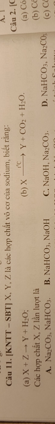 [KNTT - SBT] X, Y, Z là các hợp chất vô cơ của sodium, biết rằng:
A. 1
Câu 2. [C
(a) X+Zto Y+H_2O; (b) Xxrightarrow I°CY+CO_2+H_2O. 
(a) Có
Các hợp chất X, Z lần lượt là (b) Có
A. Na_2CO_3, NaHCO_3. B. NaHCO_3 , NaOH C. NaOH, Na_2CO_3. D. NaHCO_3, Na_2CO_3. (c) C