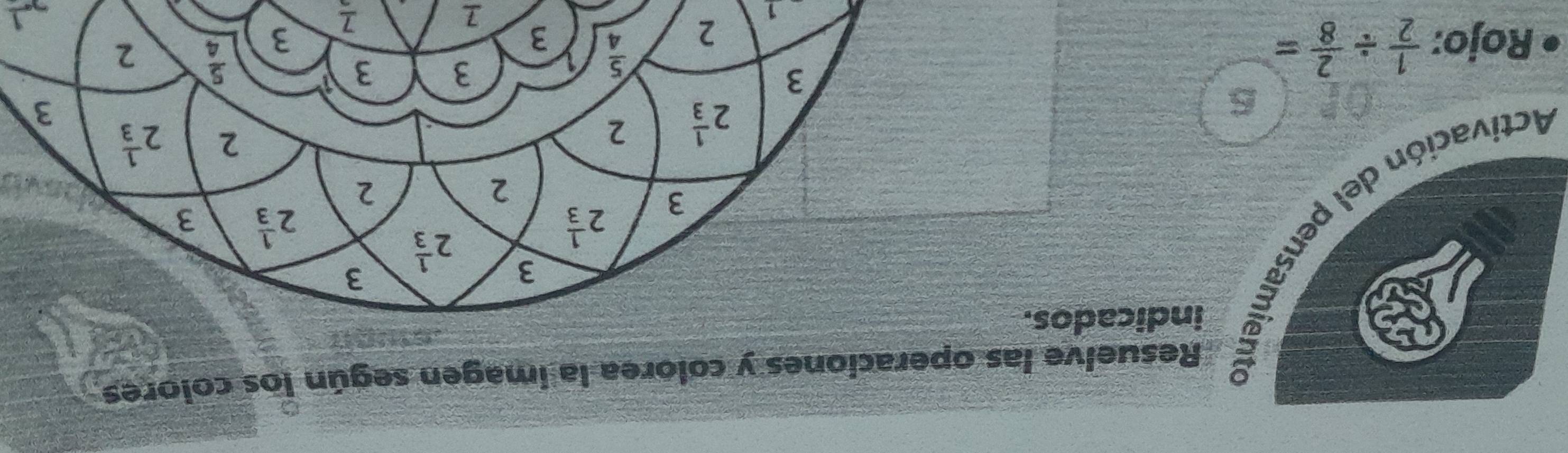 Resuelve las operaciones y colorea la imagen según los colores
ndicados.
Rojo:  1/2 /  2/8 =
1 
1
frac 7
_ 1