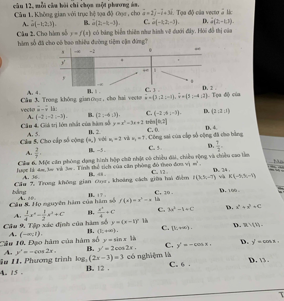 câu 12, mỗi câu hỏi chỉ chọn một phương án.
Câu 1. Không gian với trục hệ tọa độ Oxyz , cho vector a=2vector j-vector i+3vector k Tọa độ của vectơ vector a là:
A. vector a(-1;2;3). B. vector a(2;-1;-3). C. overline a(-1;2;-3). D. vector a(2;-1;3).
Câu 2. Cho hàm số y=f(x) có bảng biến thiên như hình vẽ dưới đây. Hỏi đồ thị của
hàm số đã cho có bao nhiêu đường tiệm cận đứng?
A. 4 . B. 1 . 
Câu 3. Trong không gianOxyz, cho hai vecto vector u=(3;2;-1),vector v=(5;-4;2). Tọa độ của
vecto vector u-vector v là:
A. (-2;-2;-3). B. (2;-6;3). C. (-2;6;-3). D. (2;2;1)
Câu 4. Giá trị lớn nhất của hàm số y=x^3-3x+2 trên [0;2]
A. 5. B. 2. C. 0. D. 4.
Câu 5. Cho cấp số cộng (u_n) với u_1=2 và u_2=7. Công sai của cấp số cộng đã cho bằng
A.  2/7 · B. -5 . C. 5 . D.  7/2 .
Câu 6. Một căn phòng dạng hình hộp chữ nhật có chiều dài, chiều rộng và chiều cao lần
lượt là 4m,3m và 3m . Tính thể tích của căn phòng đó theo đơn vị m^3.
Man
> tên, chí
bán bộ c
A. 36.
B. 48 . C. 12 . D. 24 .
Câu 7. Trong không gian Oxyz, khoảng cách giữa hai điểm I(3;5;-7) và K(-5;5;-1)
bằng C. 20 . D. 100 .
tên
in
A. 10. B. 17 .
Câu 8. Họ nguyên hàm của hàm số f(x)=x^3-x là
D.
A.  1/4 x^4- 1/2 x^2+C B.  x^4/4 +C C. 3x^2-1+C x^4+x^2+C
Câu 9. Tập xác định của hàm số y=(x-1)^e là
C. [1;+∈fty ).
D. R 1 .
A. (-∈fty ;1).
B. (1;+∈fty ).
Câu 10. Đạo hàm của hàm số y=sin x1dot a
A. y'=-cos 2x. B. y'=2cos 2x. C. y'=-cos x. D. y'=cos x.
âu 11. Phương trình log _3(2x-3)=3 có nghiệm là
C. 6 . D. 13 .
A. 15 . B. 12 .
T