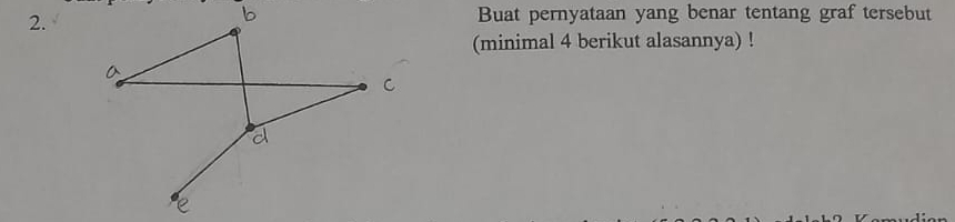 Buat pernyataan yang benar tentang graf tersebut 
(minimal 4 berikut alasannya) !