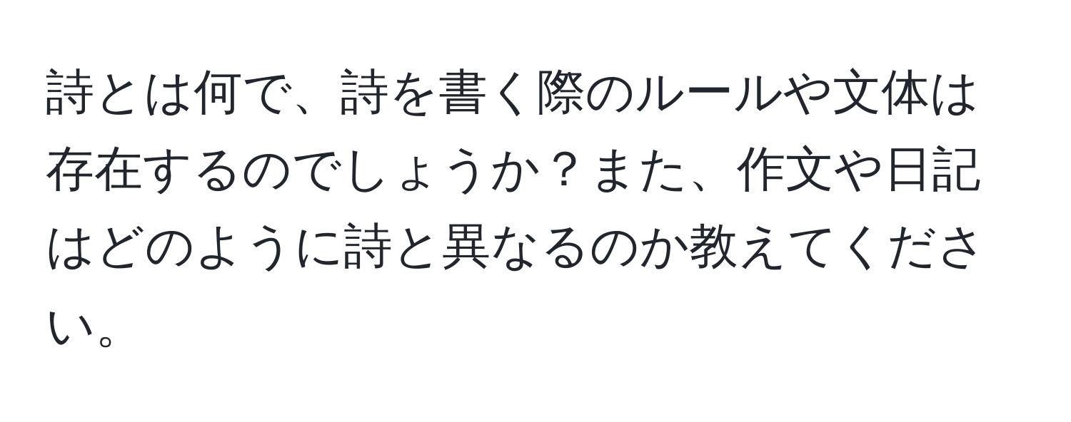 詩とは何で、詩を書く際のルールや文体は存在するのでしょうか？また、作文や日記はどのように詩と異なるのか教えてください。