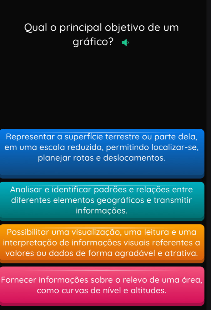 Qual o principal objetivo de um
gráfico?
Representar a superfície terrestre ou parte dela,
em uma escala reduzida, permitindo localizar-se,
planejar rotas e deslocamentos.
Annalisar e identificar padrões e relações entre
diferentes elementos geográficos e transmitir
informações.
Possibilitar uma visualização, uma leitura e uma
interpretação de informações visuais referentes a
valores ou dados de forma agradável e atrativa.
Fornecer informações sobre o relevo de uma área,
como curvas de nível e altitudes.