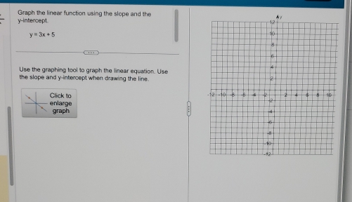 Graph the linear function using the slope and the 
y-intercept.
y=3x+5
Use the graphing tool to graph the linear equation. Use 
the slope and y-intercept when drawing the line. 
Click to 
enlarge 
graph