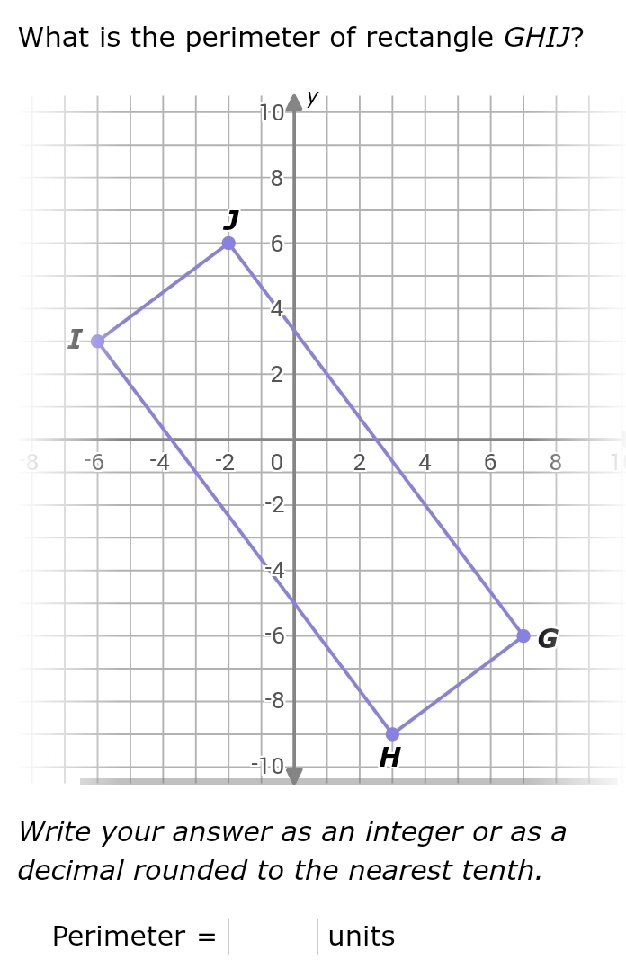 What is the perimeter of rectangle GHIJ? 
Write your answer as an integer or as a 
decimal rounded to the nearest tenth. 
Perimeter =□ units