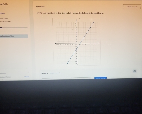 aMath Queation Show Examples 
Home Write the equation of the line in fully simplified slope-intercept form. 
cept Form. * 31. st B:DD AM 
nc Emsations of Limes 
n eer A