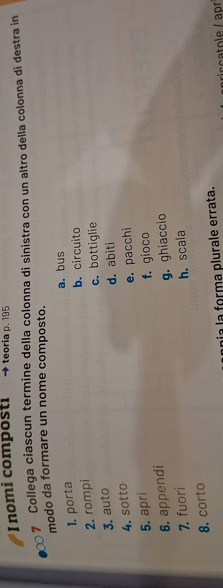 nomi compostı teoria p. 195
7 Collega ciascun termine della colonna di sinistra con un altro della colonna di destra in
modo da formare un nome composto.
a. bus
1. porta
b. circuito
2. rompi
c. bottiglie
3. auto
d. abiti
4. sotto
5. apri e. pacchi
f. gioco
6. appendi
7. fuori g. ghiaccio
h. scala
8. corto
nia la forma plurale errata.
iscatole / apr