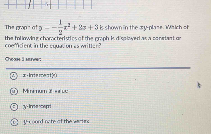 The graph of y=- 1/2 x^2+2x+3 is shown in the xy -plane. Which of the ...