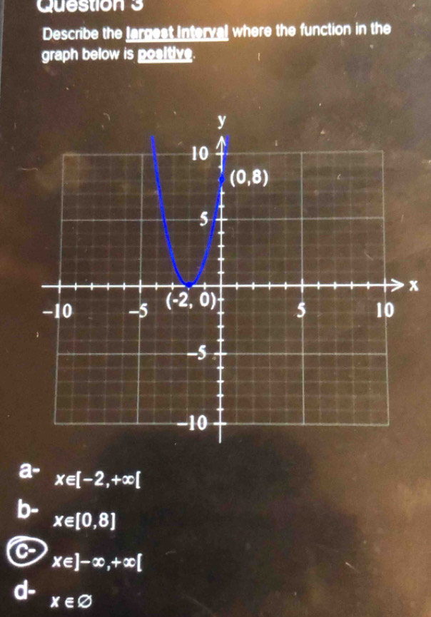 Describe the largest Interval where the function in the
graph below is positive.
x
x∈ [-2,+∈fty [
x∈ [0,8]
x∈ ]-x,+x[
x∈ varnothing