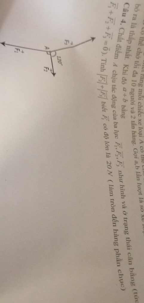 rang mỗi chiếc xe loại A có tể
* cơ tể chờ tối đa 10 người và 2 tấn hàng. Gọi a,b lần lượt là số xe ở
bỏ ra là thấp nhất. Khi đó a+b bằng
Câu 4. Chất điểm A chịu tác động của ba lực vector F_1, vector F_2, vector F_3 như hình và ở trạng thái cân bằng (tức
vector F_1+vector F_2+vector F_3=vector 0). Tính |vector F_2|+|vector F_3| biết vector F_1 có độ lớn là 20N ( làm tròn đến hàng phần chục)
vector F_3
120°
A vector F_2
vector F_1